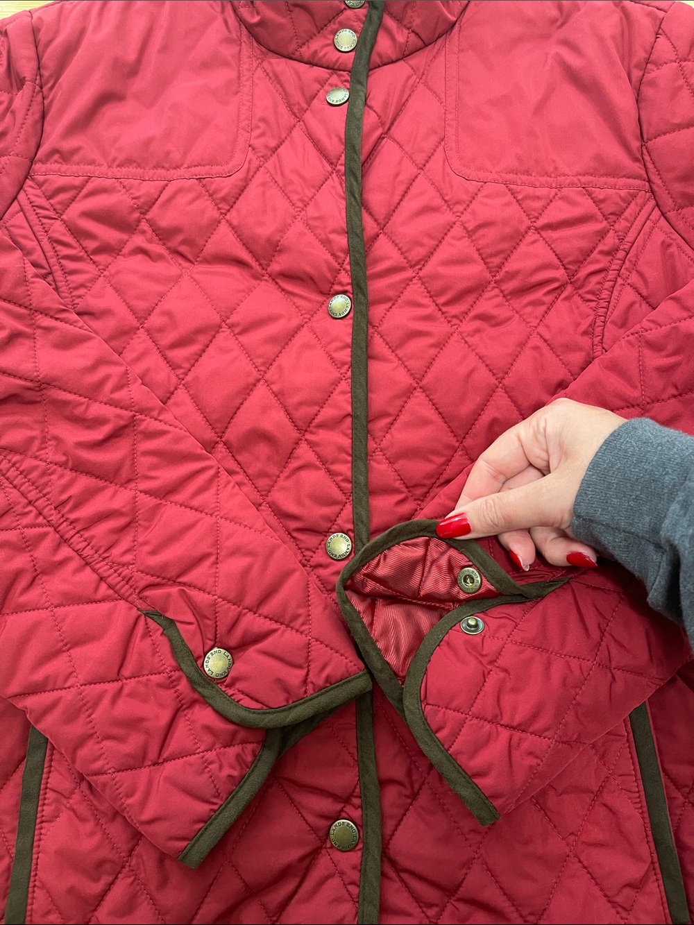 Lands’ End Cranberry Red Diamond Quilted Barn Jacket, Dark Brown Trim - Size L - Picture 10 of 16